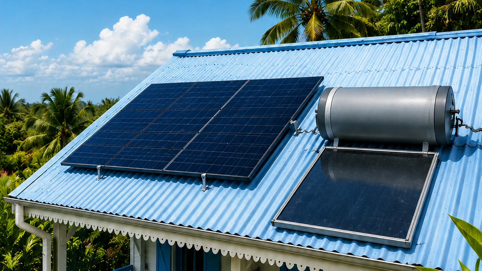 Panneau photovoltaïque-thermique installé sur un toit en tôle bleue d'une maison créole, avec ballon d'eau chaude et chauffe-eau solaire visibles